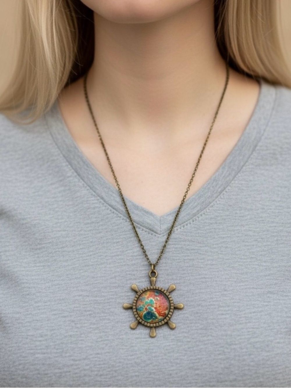 Vintage Sailor Wheel Pendant Necklace - Multicolor